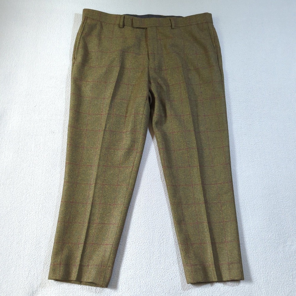 Dobell Mens Olive Green Windowpane‎ Tweed Wool Blend Trousers Size 40R Pants